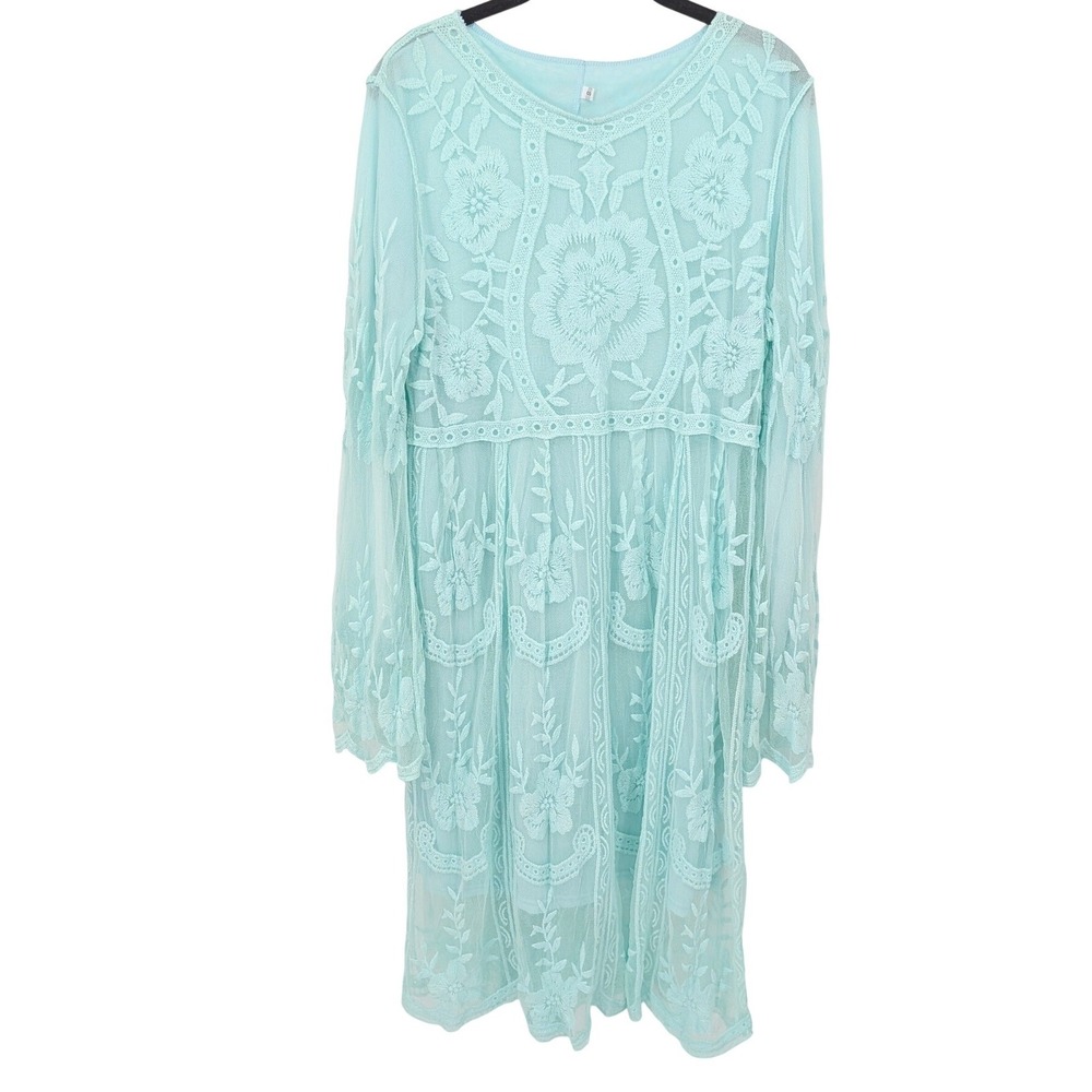 Fairycore Lace Overlay Midi Dress Womens Small Aqua Blue Floral Mesh Long Sleeve